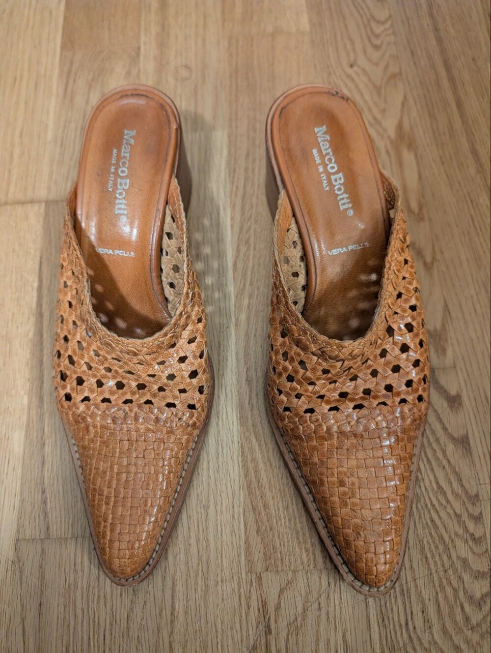 Tan Woven Leather Pointed Toe Slip-On Mules